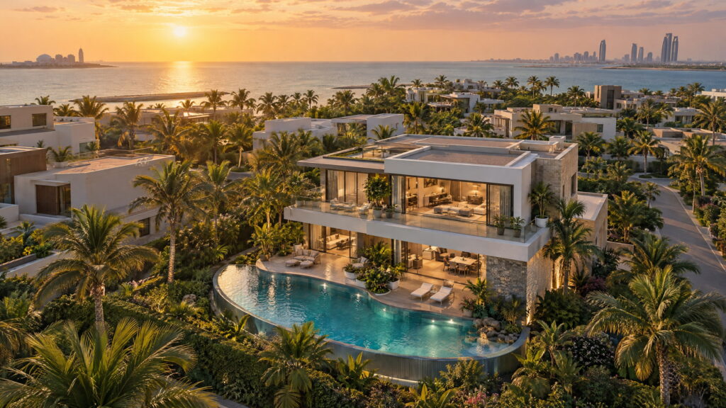 A modern waterfront home in an Abu Dhabi-style neighborhood at sunset, representing property valuation.