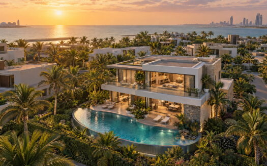 A modern waterfront home in an Abu Dhabi-style neighborhood at sunset, representing property valuation.
