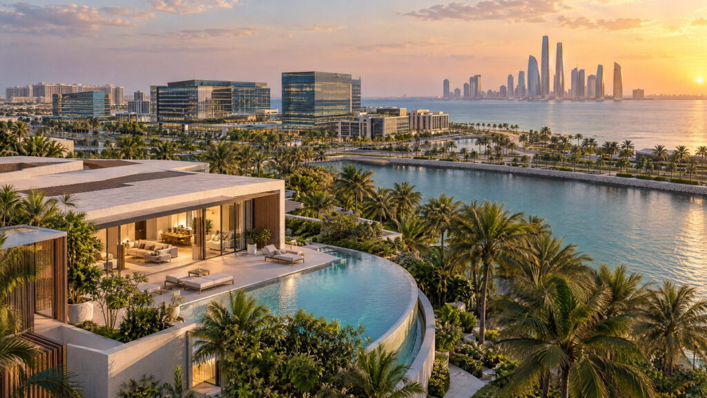 Abu Dhabi-style commercial office buildings beside waterfront villas at sunset, illustrating commercial real estate.