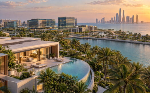 Abu Dhabi-style commercial office buildings beside waterfront villas at sunset, illustrating commercial real estate.