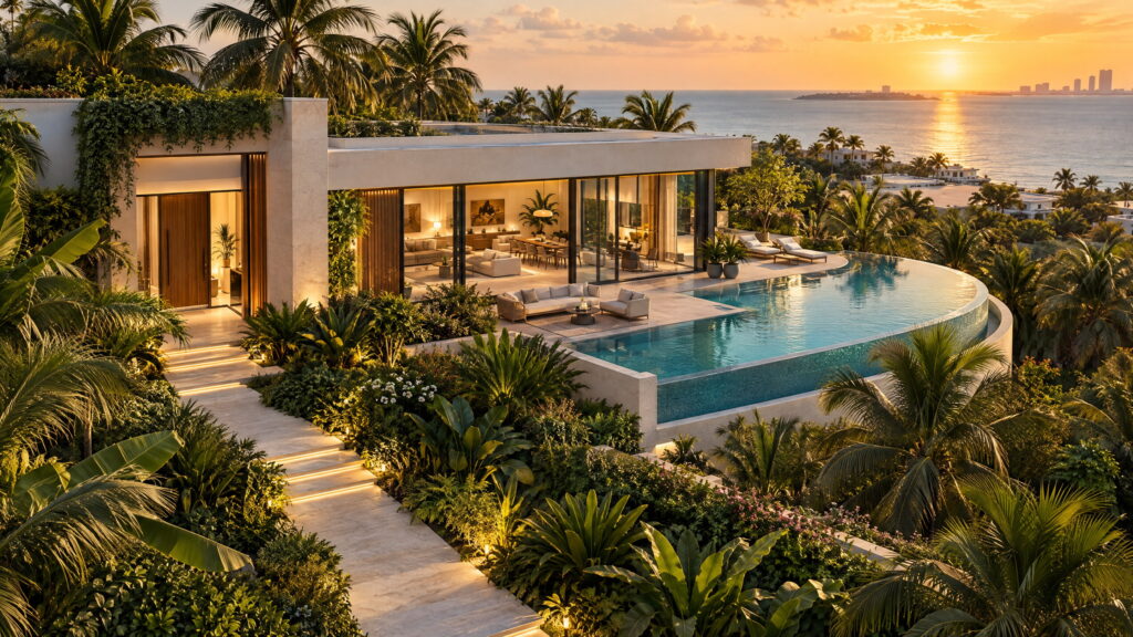 Welcoming modern home with tropical landscaping and a waterfront outlook at sunset, illustrating first-time homeownership.