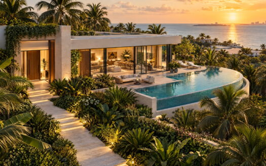 Welcoming modern home with tropical landscaping and a waterfront outlook at sunset, illustrating first-time homeownership.