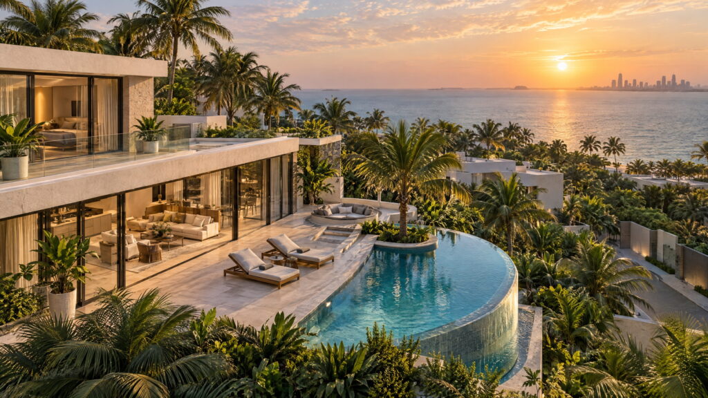 Modern Abu Dhabi-style waterfront home surrounded by palms at sunset, representing preparing to buy a house.