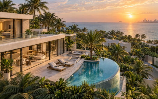 Modern Abu Dhabi-style waterfront home surrounded by palms at sunset, representing preparing to buy a house.