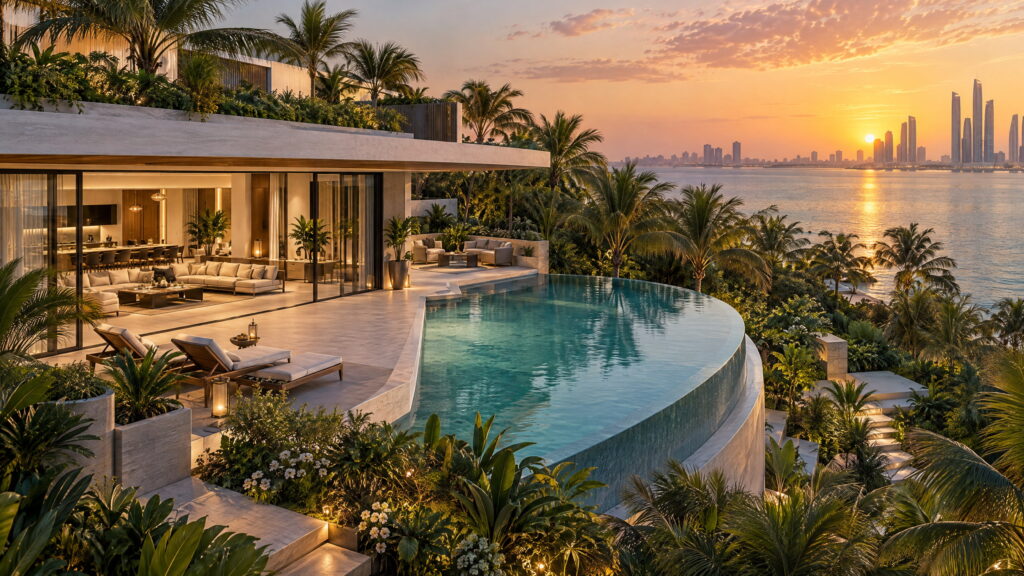 Refined waterfront villa with pool and landscaped palms at sunset, illustrating luxury rentals in Abu Dhabi.
