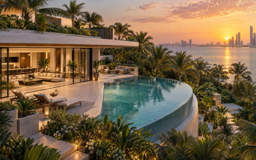 Refined waterfront villa with pool and landscaped palms at sunset, illustrating luxury rentals in Abu Dhabi.