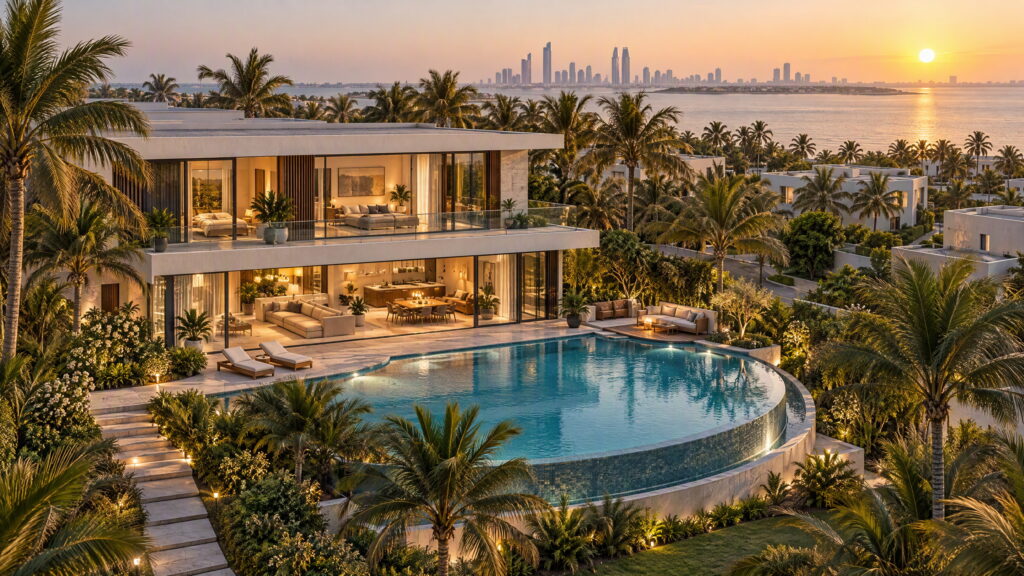 Modern waterfront Abu Dhabi villa surrounded by palms at sunset, representing a welcoming first rental home.