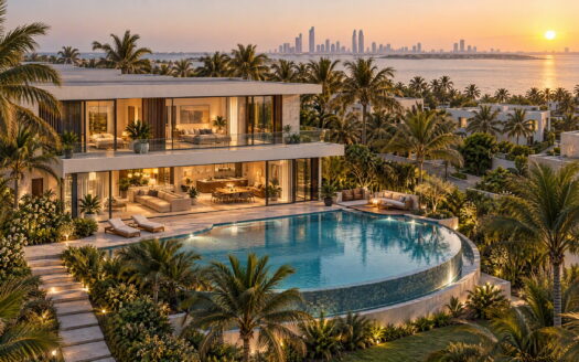 Modern waterfront Abu Dhabi villa surrounded by palms at sunset, representing a welcoming first rental home.