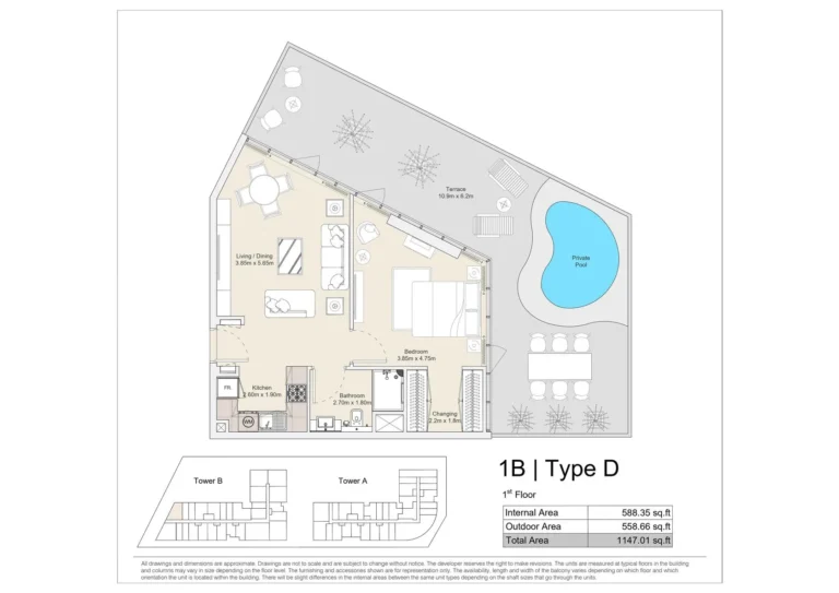 1 bedroom plan with pool