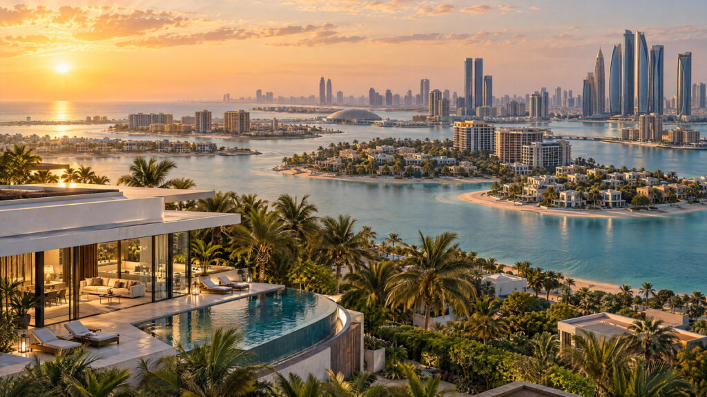 Aerial view of Abu Dhabi waterfront residences and skyline at sunset, illustrating real estate investment locations.