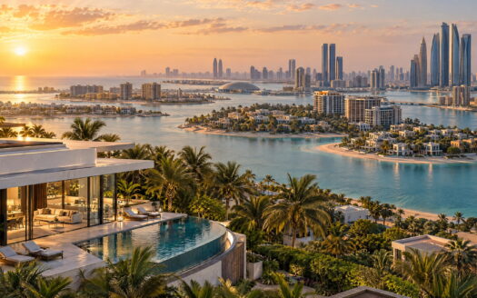 Aerial view of Abu Dhabi waterfront residences and skyline at sunset, illustrating real estate investment locations.