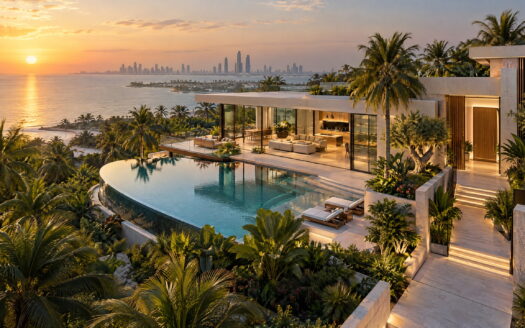 Modern villa entrance, tropical garden and curved pool in a polished Abu Dhabi-style waterfront setting.
