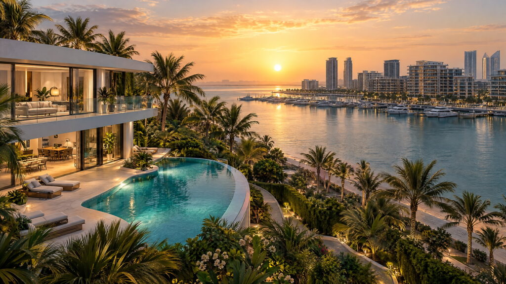 Waterfront apartment buildings and marina beside a contemporary villa garden and infinity pool at sunset.