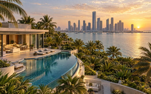 Waterfront villa with a curved pool and high-rise skyline across the bay, rendered at golden hour with tropical palms.