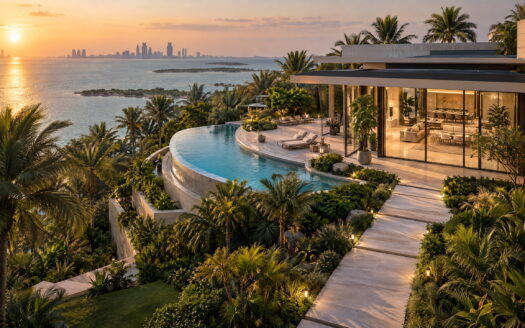 Landscaped approach path leading to a contemporary glass-fronted waterfront villa at sunset.