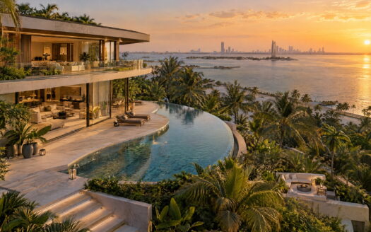 Modern waterfront villa with a curved infinity pool and glass walls against an Abu Dhabi-style skyline at sunset.
