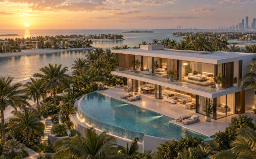 Architectural visualization of a modern Abu Dhabi waterfront villa with glass walls, curved infinity pool and tropical landscaping at golden hour.