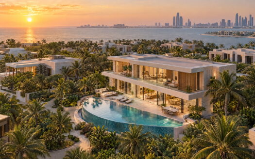 Elevated view of a contemporary waterfront villa and neighboring homes with Abu Dhabi skyline in the distance.