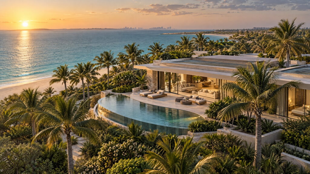 Modern coastal villa with a curved infinity pool, palm-lined garden and calm shoreline at golden hour.