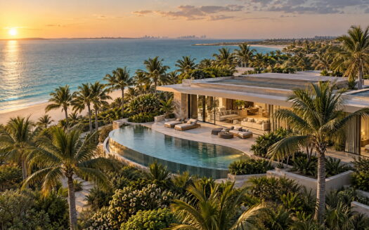 Modern coastal villa with a curved infinity pool, palm-lined garden and calm shoreline at golden hour.