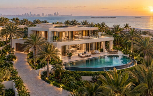 Aerial architectural visualization of a well-presented modern waterfront villa with curved pool and landscaped garden.
