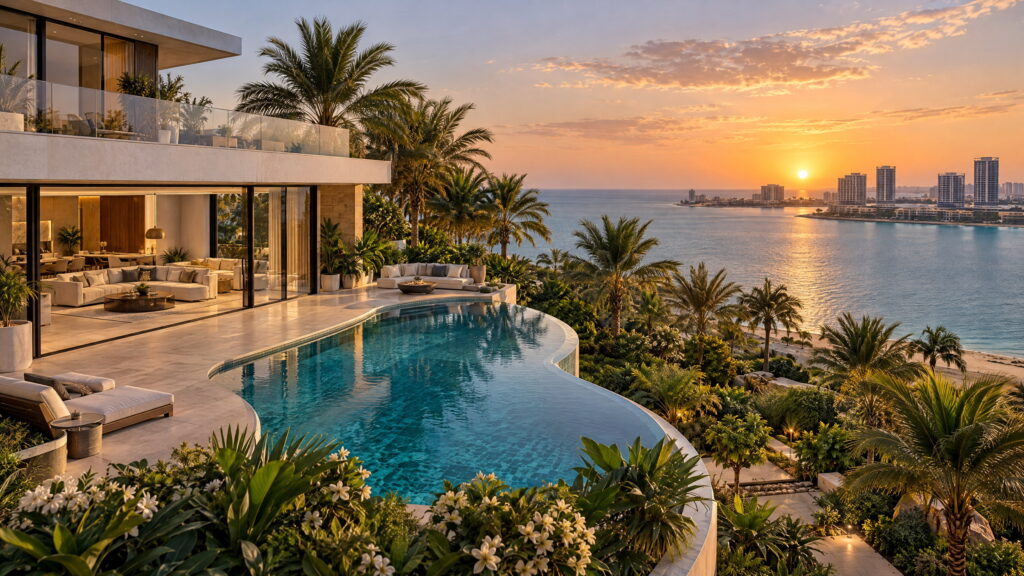 Architectural visualization of a tropical waterfront residence and Abu Dhabi apartment buildings across the bay at sunset.