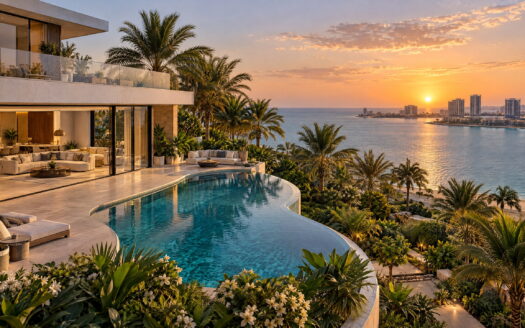 Architectural visualization of a tropical waterfront residence and Abu Dhabi apartment buildings across the bay at sunset.